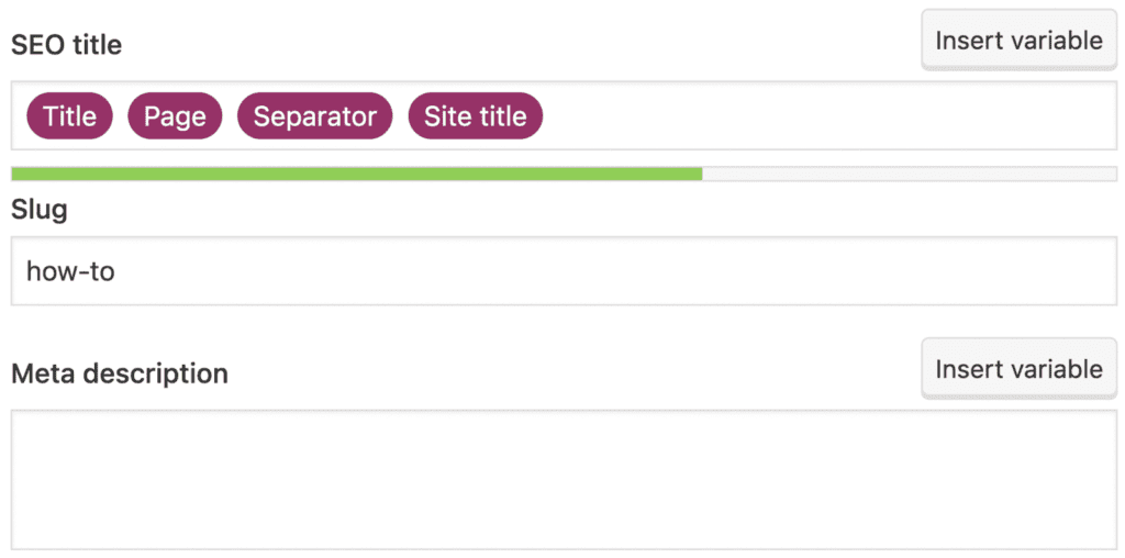 A screenshot of the SEO title, slug, and meta description fields in Yoast SEO